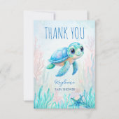 海の下にかわいいウミガメの青い赤ちゃんシャワー サンキューカード (正面)