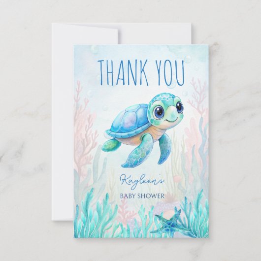 海の下にかわいいウミガメの青い赤ちゃんシャワー サンキューカード (正面)
