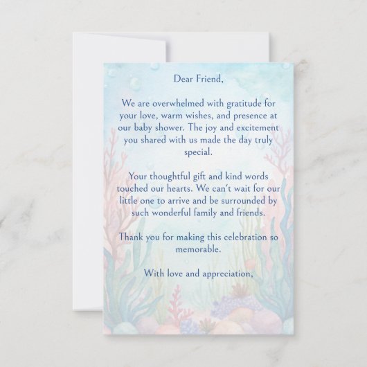 海の下にかわいいウミガメの青い赤ちゃんシャワー サンキューカード (裏面)