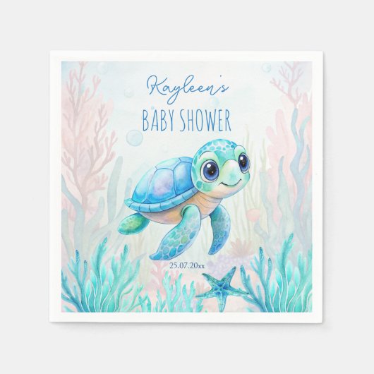 海の下にかわいいウミガメの青い赤ちゃんシャワー スタンダードカクテルナプキン (正面)