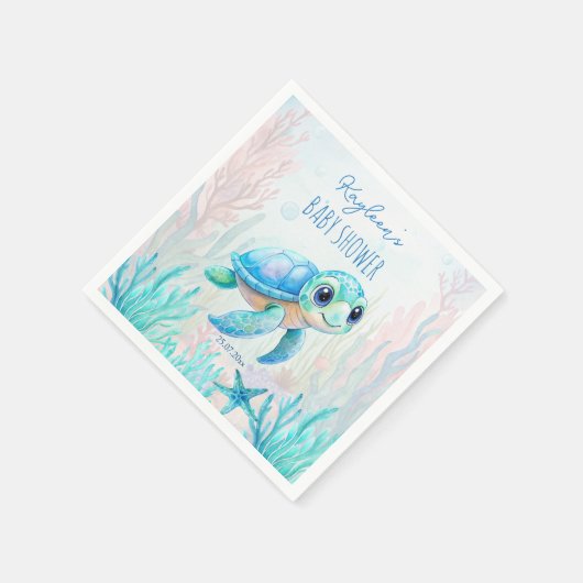 海の下にかわいいウミガメの青い赤ちゃんシャワー スタンダードカクテルナプキン (角)