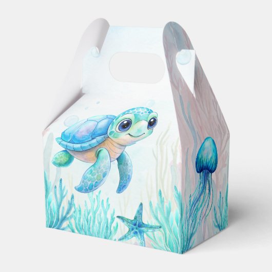 海の下にかわいいウミガメの青い赤ちゃんシャワー フェイバーボックス (裏面サイド)