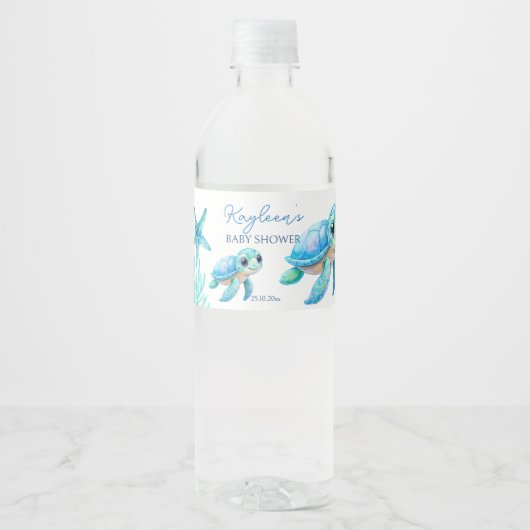 海の下にかわいいウミガメの青い赤ちゃんシャワー ペットボトルラベル (正面)