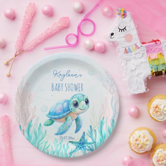 海の下にかわいいウミガメの青い赤ちゃんシャワー ペーパープレート (パーティー)