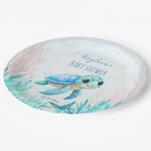 海の下にかわいいウミガメの青い赤ちゃんシャワー ペーパープレート (アングル)