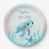 海の下にかわいいウミガメの青い赤ちゃんシャワー ペーパープレート (正面)