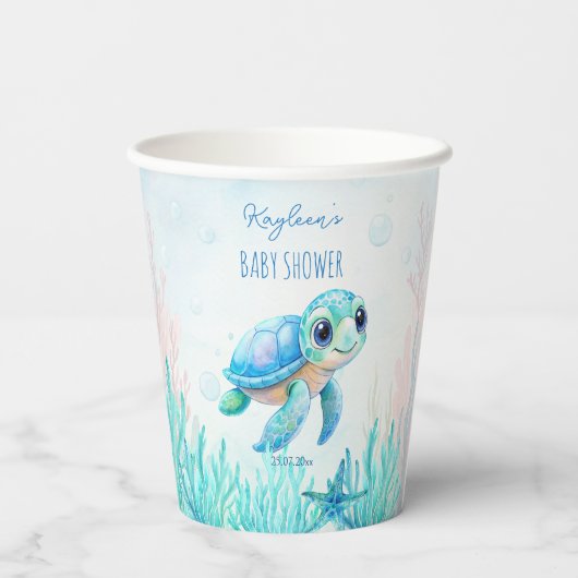 海の下にかわいいウミガメの青い赤ちゃんシャワー 紙コップ (裏面)