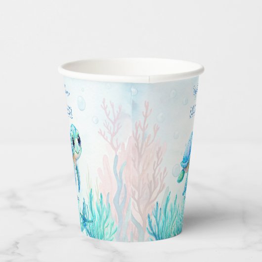 海の下にかわいいウミガメの青い赤ちゃんシャワー 紙コップ (右)