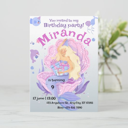 海の下にかわいい女の子マーメイド第6誕生日 招待状 (スタンド正面)