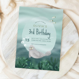 海の下にかわいい女の子海シール第3誕生日 招待状