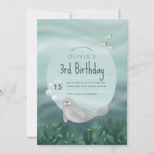 海の下にかわいい女の子海シール第3誕生日 招待状 (正面)