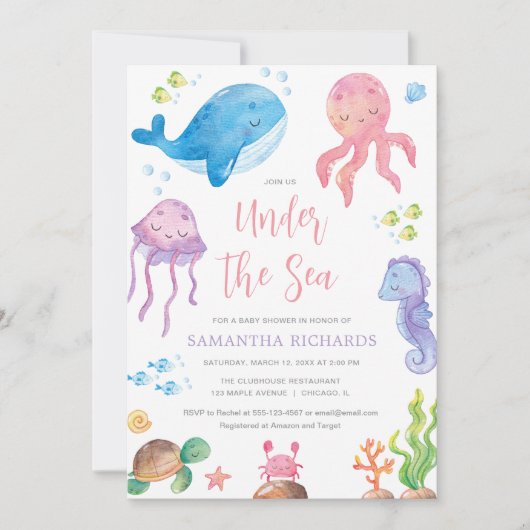 海の下に海テーマかわいい女の子の赤ちゃんシャワー 招待状 (正面)