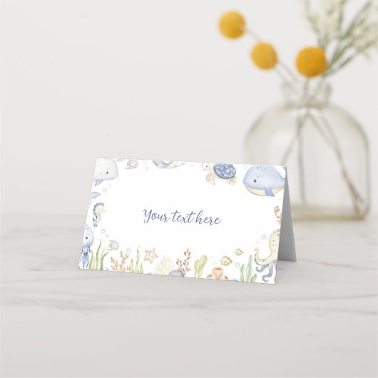 海の下に海動物の少年誕生日食べ物テント プレイスカード (裏面)