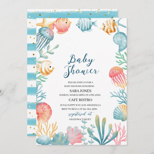 海の下に海水の色ベビーシャワーInvi 招待状 (正面/裏面)