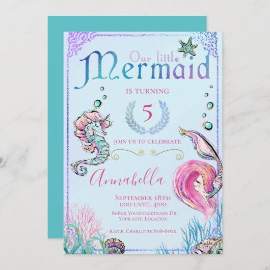 海の下のかわいい人魚の人魚のパーティー 招待状 (正面/裏面)