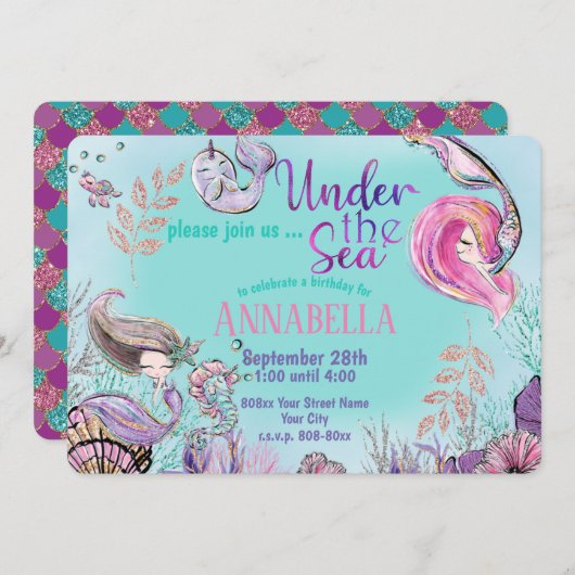 海の下のかわいい人魚パーティー 招待状 (正面/裏面)