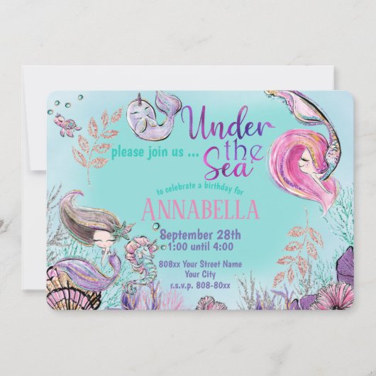 海の下のかわいい人魚パーティー 招待状 (正面)