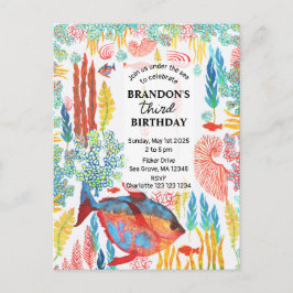 海の下のオーシャンアニマル水彩画の誕生日 インビテーションポストカード