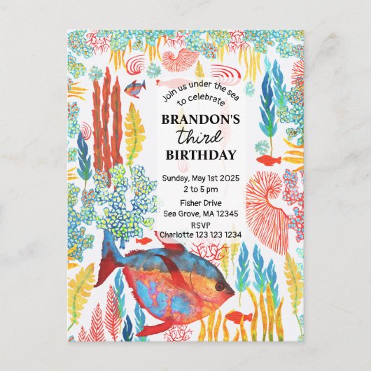 海の下のオーシャンアニマル水彩画の誕生日 インビテーションポストカード (正面)