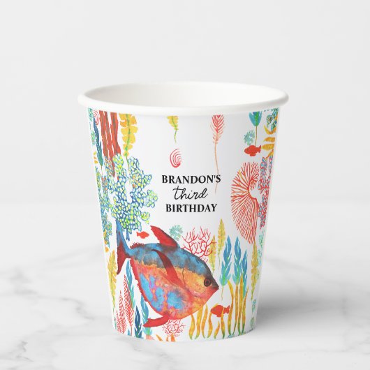 海の下のオーシャンアニマル水彩画の誕生日 紙コップ (正面)