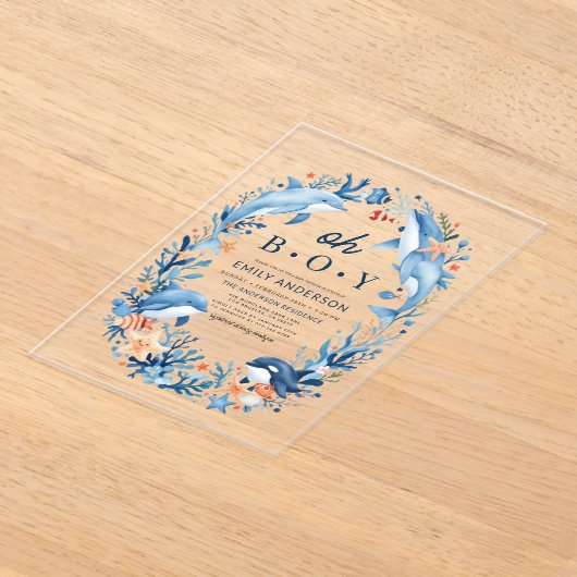 海の下のオーボイブルー ベビーシャワー アクリル招待状 (レイダウン)