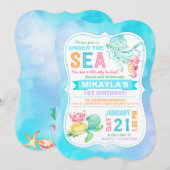 海の下のカメ・タコ・ウミウマの誕生日 招待状 (正面/裏面)