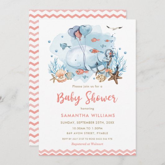 海の下のカワイイクジラとサンゴの少女ベイビーシャワー 招待状 (正面/裏面)