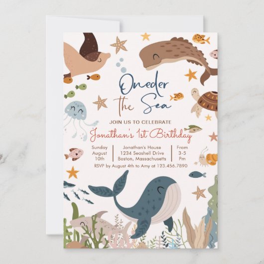海の下のクジラとサメの海の生き物 1歳の誕生日 招待状 (正面)