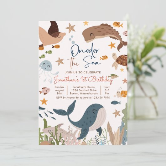 海の下のクジラとサメの海の生き物 1歳の誕生日 招待状 (スタンド正面)