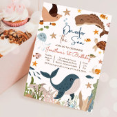 海の下のクジラとサメの海の生き物 1歳の誕生日 招待状