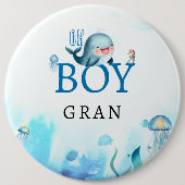 海の下のクジラの水色の男の子のシャワーおばあちゃん 缶バッジ (正面)