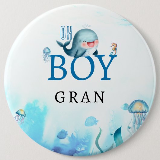 海の下のクジラの水色の男の子のシャワーおばあちゃん 缶バッジ (正面)