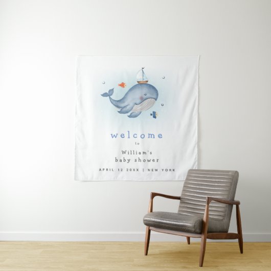 海の下のクジラの船のベイビーシャワーの歓迎の看板 タペストリー (インサイチュ)