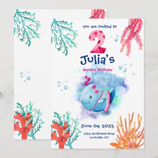 海の下のクジラの誕生日パーティー 招待状 (正面/裏面)