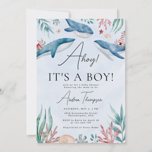 海の下のクジラAhoyそれは男の子のシャワーだ 招待状 (正面)