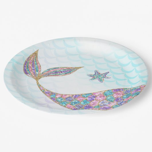 海の下のグリッターの人魚の尾紙皿、 ペーパープレート (アングル)