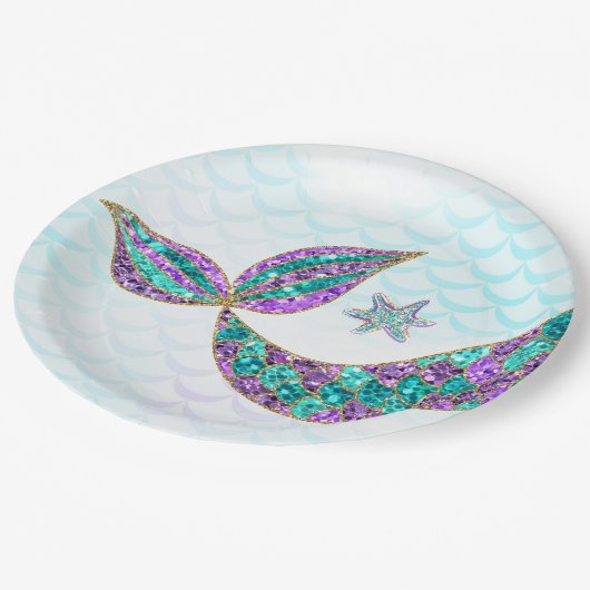 海の下のグリッターの人魚の尾紙皿、 ペーパープレート (アングル)
