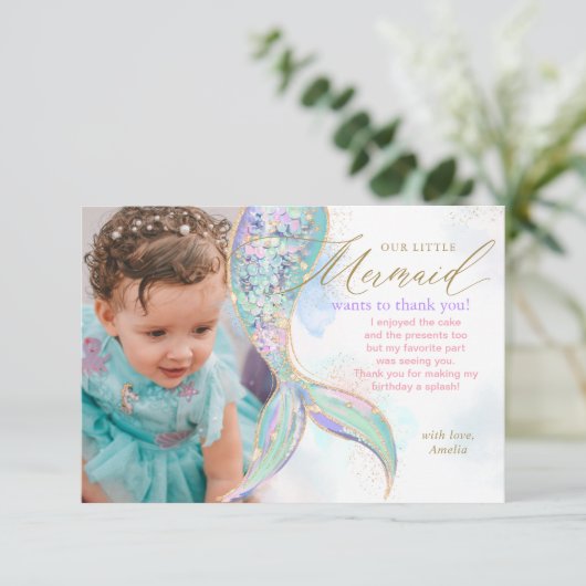 海の下のゴールドグリッター人魚の尾の写真 サンキューカード (スタンド正面)