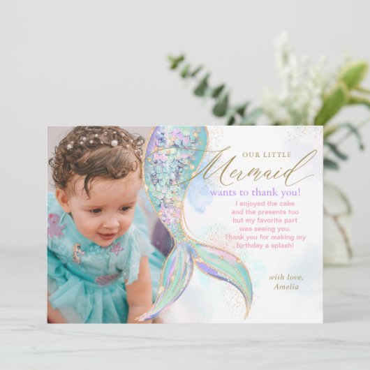 海の下のゴールドグリッター人魚の尾の写真 サンキューカード (スタンド正面)