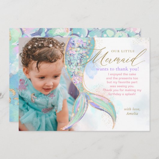 海の下のゴールドグリッター人魚の尾の写真 サンキューカード (正面/裏面)