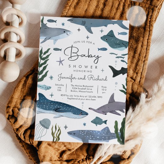 海の下のサメ海動物の赤ちゃんシャワー 招待状