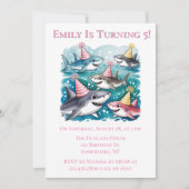 海の下のサメ 可愛い 女の子の誕生日パーティー 招待状 (正面)