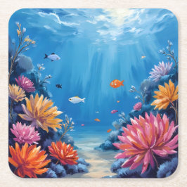 海の下のサンゴ礁 海の絵画 スクエアペーパーコースター