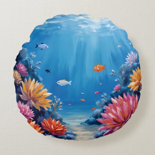 海の下のサンゴ礁 海洋画 ラウンドクッション (正面)