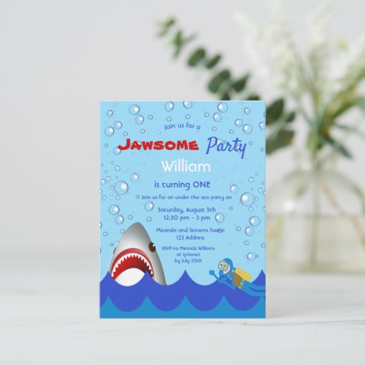 海の下のシャーク1歳の誕生日パーティの招待状 ポストカード (スタンド正面)