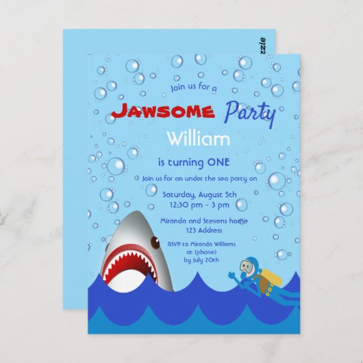 海の下のシャーク1歳の誕生日パーティの招待状 ポストカード (正面/裏面)