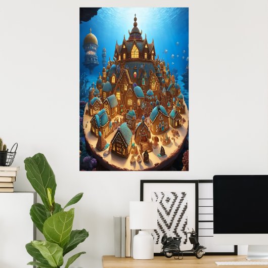 海の下のジンジャーブレッド村 | AI Art ポスター (ホームオフィス)
