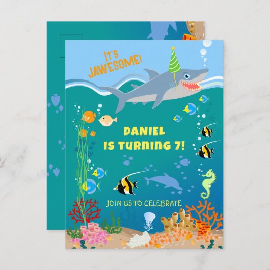 海の下のスマイルシャーク少年誕生日パーティー インビテーションポストカード (正面/裏面)
