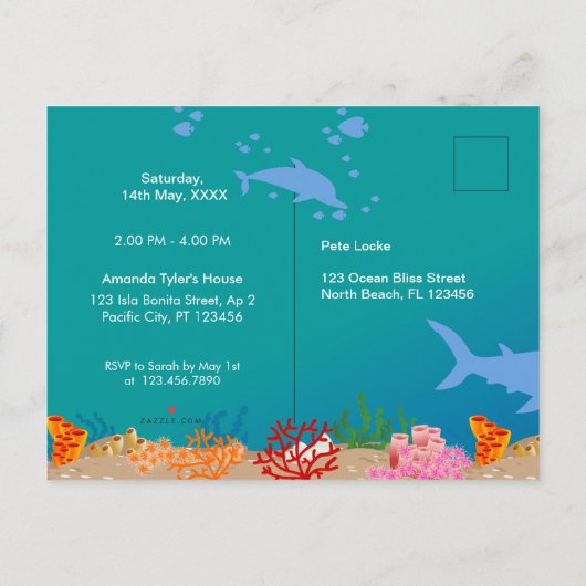 海の下のスマイルシャーク少年誕生日パーティー インビテーションポストカード (裏面)
