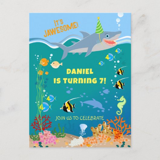 海の下のスマイルシャーク少年誕生日パーティー インビテーションポストカード (正面)